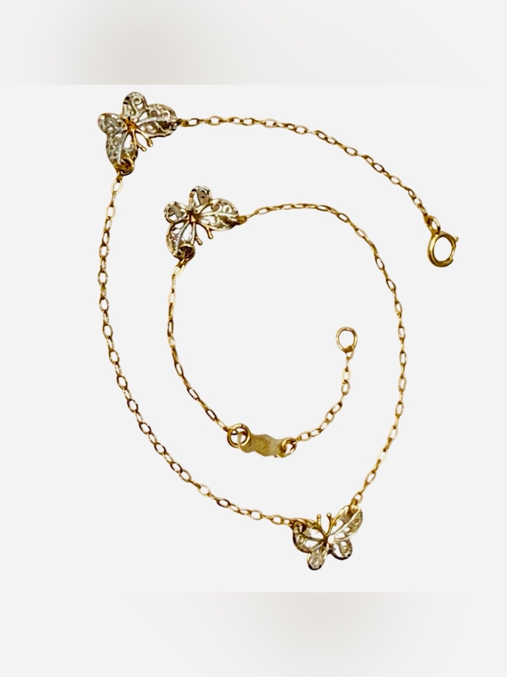 Vintage Dainty JCM Jacmel 10K Solid Gold Filigree Butterflies Chain Anklet 9-10”